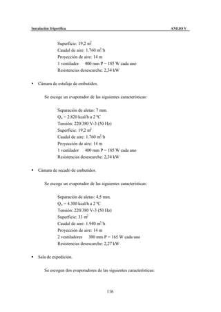 Instalación frigorífica                                                  ANEJO V



                 Superficie: 19,2 m2
                 Caudal de aire: 1.760 m3 /h
                 Proyección de aire: 14 m
                 1 ventilador ∅ 400 mm P = 185 W cada uno
                 Resistencias desescarche: 2,34 kW


§   Cámara de estufaje de embutidos.


        Se escoge un evaporador de las siguientes características:


                 Separación de aletas: 7 mm.
                 Qo = 2.820 kcal/h a 2 ºC
                 Tensión: 220/380 V-3 (50 Hz)
                 Superficie: 19,2 m2
                 Caudal de aire: 1.760 m3 /h
                 Proyección de aire: 14 m
                 1 ventilador ∅ 400 mm P = 185 W cada uno
                 Resistencias desescarche: 2,34 kW


§   Cámara de secado de embutidos.


        Se escoge un evaporador de las siguientes características:


                 Separación de aletas: 4,5 mm.
                 Qo = 4.300 kcal/h a 2 ºC
                 Tensión: 220/380 V-3 (50 Hz)
                 Superficie: 33 m2
                 Caudal de aire: 1.940 m3 /h
                 Proyección de aire: 14 m
                 2 ventiladores ∅ 300 mm P = 165 W cada uno
                 Resistencias desescarche: 2,27 kW


§   Sala de expedición.


        Se escogen dos evaporadores de las siguientes características:



                                           116
 