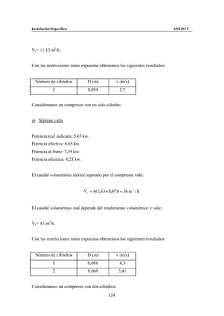 Instalación frigorífica                                                      ANEJO V




Vr= 11,13 m3 /h.


Con las restricciones antes expuestas obtenemos los siguientes resultados:


  Número de cilindros            D (m)             v (m/s)
             1                   0,054              2,7


Consideramos un compresor con un solo cilindro.


g) Séptimo ciclo


Potencia real indicada: 5,65 kw.
Potencia efectiva: 6,65 kw.
Potencia al freno: 7,39 kw.
Potencia eléctrica: 8,21 kw.


El caudal volumétrico teórico aspirado por el compresor vale:


                               Vt = 461,63 × 0,078 = 36 m 3 / h


El caudal volumétrico real depende del rendimiento volumétrico y vale:


Vr= 45 m3 /h.


Con las restricciones antes expuestas obtenemos los siguientes resultados:


  Número de cilindros            D (m)             v (m/s)
             1                   0,086              4,3
             2                   0,068              3,41


Consideramos un compresor con dos cilindros.
                                             124
 