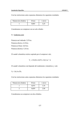 Instalación frigorífica                                                      ANEJO V


Con las restricciones antes expuestas obtenemos los siguientes resultados:


  Número de cilindros            D (m)             v (m/s)
             1                   0,065              3,25


Consideramos un compresor con un solo cilindro.


k) Undécimo ciclo


Potencia real indicada: 3,55 kw.
Potencia efectiva: 4,18 kw.
Potencia al freno: 4,65 kw.
Potencia eléctrica: 5,16 kw.


El caudal volumétrico teórico aspirado por el compresor vale:


                              Vt = 334,96 × 0,072 = 24,11 m 3 / h


El caudal volumétrico real depende del rendimiento volumétrico y vale:


Vr= 30,14 m3 /h.


Con las restricciones antes expuestas obtenemos los siguientes resultados:


  Número de cilindros            D (m)             v (m/s)
             1                   0,075              3,76
             2                   0,059              2,98


Consideramos un compresor con dos cilindros.




                                             127
 