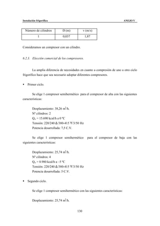 Instalación frigorífica                                                           ANEJO V


    Número de cilindros         D (m)            v (m/s)
             1                  0,037             1,87


Consideramos un compresor con un cilindro.


6.2.3. Elección comercial de los compresores.


        La amplia diferencia de necesidades en cuanto a compresión de uno a otro ciclo
frigorífico hace que sea necesario adoptar diferentes compresores.


§    Primer ciclo.


       Se elige 1 compresor semihermético para el compresor de alta con las siguientes
características:


         Desplazamiento: 38,26 m3 /h.
         Nº cilindros: 2
         Qo = 15.690 kcal/h a 0 ºC
         Tensión: 220/240 ∆/380-415 Υ/3/50 Hz
         Potencia desarrollada: 7,5 C.V.


       Se elige 1 compresor semihermético           para el compresor de baja con las
siguientes características:


         Desplazamiento: 25,74 m3 /h.
         Nº cilindros: 4
         Qo = 8.980 kcal/h a –5 ºC
         Tensión: 220/240 ∆/380-415 Υ/3/50 Hz
         Potencia desarrollada: 5 C.V.


§    Segundo ciclo.


         Se elige 1 compresor semihermético con las siguientes características:


         Desplazamiento: 25,74 m3 /h.


                                           130
 