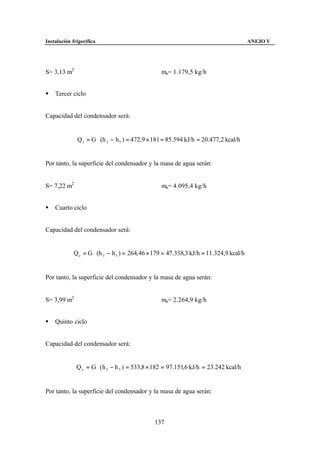 Instalación frigorífica                                                                ANEJO V




S= 3,13 m2                                       ma= 1.179,5 kg/h


§   Tercer ciclo


Capacidad del condensador será:


              Q c = G ⋅ (h 3 − h 5 ) = 472,9 × 181 = 85.594 kJ/h = 20.477,2 kcal/h


Por tanto, la superficie del condensador y la masa de agua serán:


S= 7,22 m2                                       ma= 4.095,4 kg/h


§   Cuarto ciclo


Capacidad del condensador será:


            Q c = G ⋅ (h 3 − h 5 ) = 264, 46 × 179 = 47.338,3 kJ/h = 11.324,9 kcal/h


Por tanto, la superficie del condensador y la masa de agua serán:


S= 3,99 m2                                       ma= 2.264,9 kg/h


§   Quinto ciclo


Capacidad del condensador será:


              Q c = G ⋅ ( h 3 − h 5 ) = 533,8 × 182 = 97.151,6 kJ/h = 23.242 kcal/h


Por tanto, la superficie del condensador y la masa de agua serán:



                                              137
 