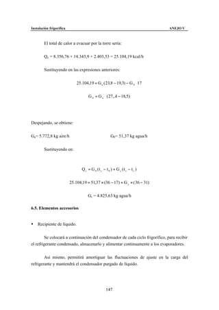 Instalación frigorífica                                                        ANEJO V



        El total de calor a evacuar por la torre sería:


        Qc = 8.356,76 + 14.343,9 + 2.403,53 = 25.104,19 kcal/h


        Sustituyendo en las expresiones anteriores:


                              25.104,19 = G a ( 23,8 − 19,3) − G 0 ⋅ 17


                                     G 0 = G a ⋅ ( 27,.4 − 18,5)




Despejando, se obtiene:


Ga= 5.772,8 kg aire/h                                 G0 = 51,37 kg agua/h


        Sustituyendo en:



                                 Q c = G 0 (t s − t 0 ) + G c (t s − t c )


                          25.104,19 = 51,37 × (36 − 17) + G c × ( 36 − 31)


                                     Gc = 4.825,63 kg agua/h

6.5. Elementos accesorios


§   Recipiente de líquido.


        Se colocará a continuación del condensador de cada ciclo frigorífico, para recibir
el refrigerante condensado, almacenarlo y alimentar continuamente a los evaporadores.


        Así mismo, permitirá amortiguar las fluctuaciones de ajuste en la carga del
refrigerante y mantendrá el condensador purgado de líquido.




                                                  147
 