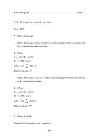 Instalación frigorífica                                                     ANEJO V




7.2.1. Ciclo sala de recepción de congelados


Tevap= -25ºC


§   Tubería de descarga


-   Tubería de descarga primaria: Conduce el líquido refrigerante desde el compresor de
    baja presión al evaporador intermedio.


L = 2,21 m
L eq = 2,21 × 1,3 = 2,87 m

Q0 = 11.941,7 kcal/h
                 30
∆P30 m = 0,15        = 1,56 bar
                2,87
Diámetro tubería: 3/4”


-   Tubería de descarga secundaria: Conduce el líquido refrigerante desde el compresor
    de alta presión al condensador.


L = 2,76 m
L eq = 2,76 × 1,3 = 3,58 m

Q0 = 11.941,7 kcal/h
                 30
∆P30 m = 0,15        = 1, 25 bar
                3,58
Diámetro tubería: 7/8”




§   Tubería de líquido


Conectan el condensador con los evaporadores.


                                             153
 