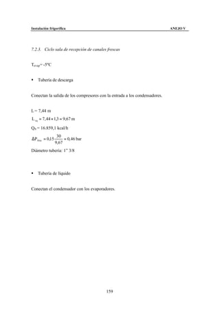 Instalación frigorífica                                                     ANEJO V




7.2.3. Ciclo sala de recepción de canales frescas


Tevap= -5ºC


§   Tubería de descarga


Conectan la salida de los compresores con la entrada a los condensadores.


L = 7,44 m
L eq = 7, 44 × 1,3 = 9,67 m

Q0 = 16.859,1 kcal/h
                 30
∆P30 m = 0,15        = 0, 46 bar
                9,67
Diámetro tubería: 1” 3/8




§   Tubería de líquido


Conectan el condensador con los evaporadores.




                                         159
 