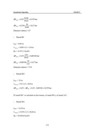Instalación frigorífica                                                ANEJO V


                36,86
∆Pperm = 0,35         = 0,339 bar
                38,02
                  30
∆P30 m = 0,339         = 0,27 bar
                 36,86
Diámetro tubería: 1/2”


-   Ramal BC


LBC = 0,89 m
L BCeq = 0,89 × 1,3 = 1,16 m

Q0 = 16.531,1 kcal/h
                 1,16
∆Pperm = 0,35         = 0,00106 bar
                38,02
                     30
∆P30 m = 0,00106         = 0,27 bar
                    1,16
Diámetro tubería: 1”3/8


-   Ramal BA’


LBA’ = 23 m
L BA 'eq = 23 × 1,3 = 29,9 m

∆Pperm = 0,35 − ∆PBC = 0,35 − 0,00106 = 0,339 bar


El ramal BA’ se calculará en dos tramos, el ramal BA y el ramal AA’:


-   Ramal BA


LBA = 15,59 m
L BAeq = 15,59 × 1,3 = 20,26 m

Q0 = 10.658,8 kcal/h



                                         173
 