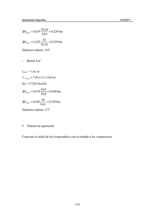 Instalación frigorífica                                                    ANEJO V


                  20,26
∆Pperm = 0,339          = 0, 229 bar
                   29,9
                  30
∆P30 m = 0,229          = 0,339 bar
                 20, 26
Diámetro tubería: 5/8”


-   Ramal AA’


LAA’ = 7,41 m
L AA 'eq = 7,41 × 1,3 = 9,63 m

Q0 = 5.329,4 kcal/h
                  9,63
∆Pperm = 0,339         = 0,106 bar
                  29,9
                  30
∆P30 m = 0,109        = 0,339 bar
                 9,63
Diámetro tubería: 1/2”




§   Tubería de aspiración


Conectan la salida de los evaporadores con la entrada a los compresores.




                                          174
 