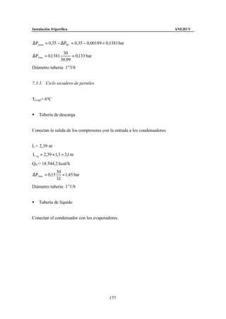 Instalación frigorífica                                                     ANEJO V


∆Pperm = 0,35 − ∆PBC = 0,35 − 0,00189 = 0,1381 bar

                   30
∆P30 m = 0,1381         = 0,133 bar
                  30,99
Diámetro tubería: 1”3/8


7.3.3. Ciclo secadero de perniles


Tevap= 6ºC


§   Tubería de descarga


Conectan la salida de los compresores con la entrada a los condensadores.


L = 2,39 m
L eq = 2,39 × 1,3 = 3,1 m

Q0 = 18.544,2 kcal/h
                30
∆P30 m = 0,15       = 1,45 bar
                3,1
Diámetro tubería: 1”1/8


§   Tubería de líquido


Conectan el condensador con los evaporadores.




                                         177
 