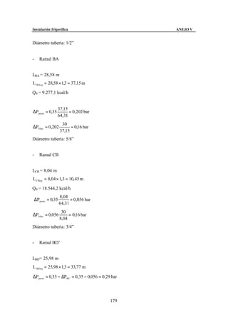 Instalación frigorífica                          ANEJO V


Diámetro tubería: 1/2”


-     Ramal BA


LBA = 28,58 m
L BAeq = 28,58 × 1,3 = 37,15 m

Q0 = 9.277,1 kcal/h


                37,15
∆Pperm = 0,35         = 0,202 bar
                64,31
                     30
∆P30 m = 0,202            = 0,16 bar
                    37,15
Diámetro tubería: 5/8”


-     Ramal CB


LCB = 8,04 m
L CBeq = 8,04 × 1,3 = 10, 45 m

Q0 = 18.544,2 kcal/h
                    8,04
    ∆Pperm = 0,35         = 0,056 bar
                    64,31
                     30
∆P30 m = 0,056           = 0,16 bar
                    8,04
Diámetro tubería: 3/4”


-     Ramal BD’


LBD= 25,98 m
L BDeq = 25,98 × 1,3 = 33,77 m

∆Pperm = 0,35 − ∆PBC = 0,35 − 0,056 = 0,29 bar




                                          179
 