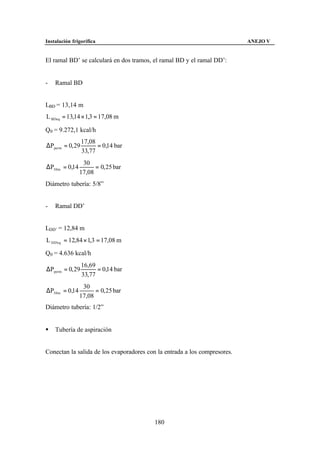 Instalación frigorífica                                                    ANEJO V


El ramal BD’ se calculará en dos tramos, el ramal BD y el ramal DD’:


-   Ramal BD


LBD = 13,14 m
L BDeq = 13,14 × 1,3 = 17,08 m

Q0 = 9.272,1 kcal/h
                 17,08
∆Pperm = 0, 29         = 0,14 bar
                 33,77
                 30
∆P30 m = 0,14         = 0, 25 bar
                17,08
Diámetro tubería: 5/8”


-   Ramal DD’


LDD’ = 12,84 m
L DD 'eq = 12,84 × 1,3 = 17,08 m

Q0 = 4.636 kcal/h
                 16,69
∆Pperm = 0, 29         = 0,14 bar
                 33,77
                 30
∆P30 m = 0,14         = 0, 25 bar
                17,08
Diámetro tubería: 1/2”


§   Tubería de aspiración


Conectan la salida de los evaporadores con la entrada a los compresores.




                                          180
 
