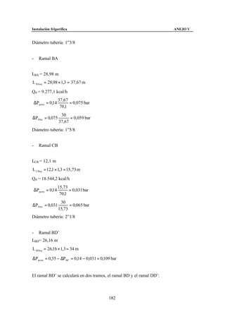 Instalación frigorífica                                                ANEJO V


Diámetro tubería: 1”3/8


-     Ramal BA


LBA = 28,98 m
L BAeq = 28,98 × 1,3 = 37,67 m

Q0 = 9.277,1 kcal/h
                    37,67
    ∆Pperm = 0,14         = 0,075 bar
                     70,1
                     30
∆P30 m = 0,075            = 0,059 bar
                    37,67
Diámetro tubería: 1”5/8


-     Ramal CB


LCB = 12,1 m
L CBeq = 12,1 × 1,3 = 15,73 m

Q0 = 18.544,2 kcal/h
                    15,73
    ∆Pperm = 0,14         = 0,031 bar
                     70,1
                     30
∆P30 m = 0,031            = 0,065 bar
                    15,73
Diámetro tubería: 2”1/8


-     Ramal BD’
LBD= 26,16 m
L BDeq = 26,16 × 1,3 = 34 m

∆Pperm = 0,35 − ∆PBC = 0,14 − 0,031 = 0,109 bar


El ramal BD’ se calculará en dos tramos, el ramal BD y el ramal DD’:



                                          182
 