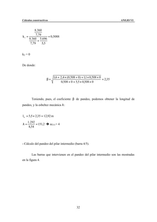 Cálculos constructivos                                                      ANEJO VI


         8.360
          7,79
k1 =               = 0,5088
     8.360 5.696
           +
      7,79     5,5


k2 = 0


De donde:


                         1,6 + 2,4 × (0,508 + 0) + 1,1 × 0,508 × 0
                    β=                                             = 2,35
                                0,508 + 0 + 5,5 × 0,508 × 0




         Teniendo, pues, el coeficiente β de pandeo, podemos obtener la longitud de
pandeo, y la esbeltez mecánica λ:


l k = 5,5 × 2,35 = 12,92 m
     1.292
λ=         = 151,2 è ω151 = 4
      8,54




- Cálculo del pandeo del pilar intermedio (barra 4/5).


         Las barras que intervienen en el pandeo del pilar intermedio son las mostradas
en la figura 4.




                                            32
 