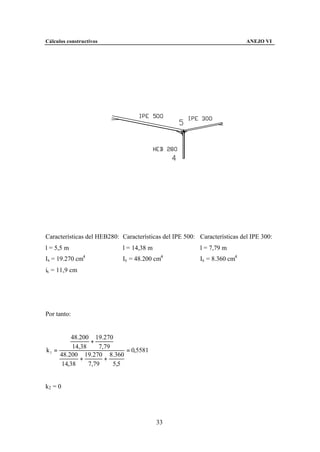 Cálculos constructivos                                                     ANEJO VI




Características del HEB280: Características del IPE 500: Características del IPE 300:
l = 5,5 m                   l = 14,38 m                  l = 7,79 m
Ix = 19.270 cm4             Ix = 48.200 cm4              Ix = 8.360 cm4
ix = 11,9 cm




Por tanto:


          48.200 19.270
                 +
          14,38     7,79
k1 =                         = 0,5581
     48.200 19.270 8.360
             +        +
      14,38     7,79     5,5


k2 = 0




                                          33
 