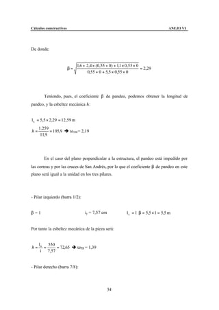 Cálculos constructivos                                                                 ANEJO VI




De donde:


                              1,6 + 2,4 × (0,55 + 0) + 1,1 × 0,55 × 0
                         β=                                           = 2,29
                                     0,55 + 0 + 5,5 × 0,55 × 0




        Teniendo, pues, el coeficiente β de pandeo, podemos obtener la longitud de
pandeo, y la esbeltez mecánica λ:


l k = 5,5 × 2,29 = 12,59 m
     1.259
λ=         = 105,9 è ω106 = 2,19
      11,9




        En el caso del plano perpendicular a la estructura, el pandeo está impedido por
las correas y por las cruces de San Andrés, por lo que el coeficiente β de pandeo en este
plano será igual a la unidad en los tres pilares.




- Pilar izquierdo (barra 1/2):


β =1                               iy = 7,57 cm             l k = l ⋅ β = 5,5 × 1 = 5,5 m


Por tanto la esbeltez mecánica de la pieza será:


     l k 550
λ=      =    = 72,65 è ω73 = 1,39
      i 7,57


- Pilar derecho (barra 7/8):




                                                  34
 