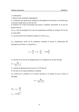 Cálculos constructivos                                                           ANEJO VI



c: recubrimiento
s: distancia entre armaduras longitudinales
k1 : coeficiente que representa la influencia de del diagrama de tracciones en la sección que
en tracción simple tiene un valor de 0,25.
φ: diámetro de la barra traccionada más gruesa o diámetro equivalente en el caso de
grupo de barras.
Ac,eficaz : área de hormigón de la zona de recubrimiento, definida en la figura 49.2.5.b de
la norma EHE.
As : sección total de las armaduras situadas en el área Ac,eficaz


ε sm : alargamiento medio de las armaduras, teniendo en cuenta la colaboración del
hormigón entre fisuras, su expresión es:


                                     σ                          
                                                             2
                                                 σ                    σ
                             ε sm   = s 1 − k 2  sr
                                                 σ      
                                                                 ≥ 0,4 s
                                     Es          s                  Es
                                                                


σs: tensión de servicio de la armadura pasiva en la hipótesis de sección fisurada.
           Mk
σs =
       0,8 ⋅ d ⋅ A s
Es : módulo de deformación del acero, Es=2·106 Kp/cm2
k2 =0,5 por no ser carga instantánea no repetida
σsr : tensión de la armadura en la sección fisurada en el instante en que se fisura el
hormigón.
                                                    M fis
                                        σ sr =
                                                 0,8 ⋅ d ⋅ A s



                  bh 2
M fis = f ct ,m
                   6

f ct, m = 0.33 f ck
                      2




                                                  51
 