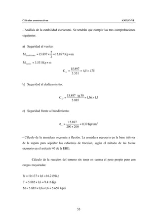 Cálculos constructivos                                                       ANEJO VI


- Análisis de la estabilidad estructural. Se tendrán que cumplir las tres comprobaciones
siguientes:


a) Seguridad al vuelco:
                             2
M estabilizante = 15.897 ×     = 15.897 Kp × m
                             2
M vuelco = 3.531 Kp × m
                                               15.897
                                      C sv =          = 4,5 > 1,75
                                                3.531


b) Seguridad al deslizamiento:


                                            15.897 ⋅ tg 30
                                   C sd =                  = 1,56 > 1,5
                                                5.885


c) Seguridad frente al hundimiento:


                                             15.897
                                   σc =               = 0,39 Kp/cm 2
                                            200 × 200


- Cálculo de la armadura necesaria a flexión. La armadura necesaria en la base inferior
de la zapata para soportar los esfuerzos de tracción, según el método de las bielas
expuesto en el artículo 40 de la EHE:


        Cálculo de la reacción del terreno sin tener en cuenta el peso propio pero con
cargas mayoradas:


N = 10.137 × 1,6 = 16.219 Kp
T = 5.885 × 1,6 = 9.416 Kp
M = 5.885 × 0,6 × 1,6 = 5.650 Kpm




                                                    53
 