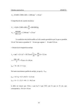 Cálculos constructivos                                                       ANEJO VI


A s 1 ≥ 0,002 × 2000 × 600 = 2.400 mm 2 = 24 cm 2


Comprobación de cuantía mecánica:


                              25
U s1 = 0,04 × 2.000 × 600 ×       = 800.000 Kp
                              1,5
         800.000
A s1 =              = 2.300 mm 2 = 23 cm 2
         400 / 1,15


         La condición más desfavorable es la de cuantía geométrica por lo que se pondrán
24 cm2 . Por tanto se pondrán 12∅16 mm que supone 1∅16 cada 15,8 cm.


- Cálculo de la longitud de anclaje.


                                       f yk        40
l bI = mφ 2 = 12 × 1,6 2 = 30,72cm ≥          φ=      1,6 = 3,2 cm
                                       20          20

     200 − 60
v=            = 70 cm > h = 60 cm
        2

lreal = 70 - 60 - 5= 5 cm


Por tanto necesitamos patilla de anclaje, ya que lbI > lreal.


lneta = 0,7 ·lbI = 0,7 x 30,72 = 21,5 cm

lneta + h + 5 = 21,5 + 60 + 5 = 86,5 cm


lb debe ser mayor que 15cm, o que lbI/3 ó que 10&, por lo que es 16 cm, que
corresponde a: 10 × 1,6 = 16 cm




                                                    55
 