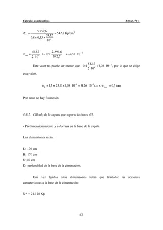 Cálculos constructivos                                                                      ANEJO VI


               5.759,6
σs =                        = 542,7 Kp/cm 2
                      24,12
         0,8 × 0,55 ×
                       10 4


         542,7              2.894,6              −4
ε sm =              1 − 0,5 542,7   = −4,52 ⋅ 10
         2 ⋅ 10 6                   
                                                           542,7
          Este valor no puede ser menor que: 0,4                    = 1,08 ⋅ 10 − 4 , por lo que se elige
                                                           2 ⋅ 10 6


este valor.


                    w k = 1,7 × 23,11 × 1,08 ⋅ 10 −4 = 4, 26 ⋅ 10 −3 cm < w max = 0,3 mm


Por tanto no hay fisuración.




4.8.2. Cálculo de la zapata que soporta la barra 4/5.


- Predimensionamiento y esfuerzos en la base de la zapata.


Las dimensiones serán:


L: 170 cm
B: 170 cm
h: 40 cm
D: profundidad de la base de la cimentación.


          Una vez fijadas estas dimensiones habrá que trasladar las acciones
características a la base de la cimentación:


N* = 21.128 Kp




                                                    57
 