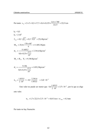 Cálculos constructivos                                                                      ANEJO VI




                                                          1,4 × 1.700
Por tanto: s m = 2 × 5 + 0,2 × 17,7 + 0,4 × 0,125 ×                   = 22,13 cm
                                                             22,13


k2 = 0,5
Es = 2·106

f ctm = 0,3 ⋅ 3 f ck = 0,3 ⋅ 3 25 2 = 25,6 Kp/cm 2
                  2




                  170 × 40 2
M fis = 25,6 ×               = 11.605,3 Kpm
                      6
             11.605,3
σ sr =                    = 2.341,6 Kp/cm 2
                     17,7
         0,8 × 0,35 × 4
                     10
M k = R d1 ⋅ X1 = 9.196 Kp/cm 2


              9.196
σs =                           = 1.855,5 Kp/cm 2
                        17,7
         0,8 × 0,35 ×
                        10 4


         1.855,5          2.341,6  
ε sm =          6 
                   1 − 0,5           = 3,42 ⋅ 10 − 4
          2 ⋅ 10          1.855,5  
                                                          1.855,5
          Este valor no puede ser menor que: 0,4                    = 3,71 ⋅ 10 − 4 , por lo que se elige
                                                           2 ⋅ 10 6


este valor.


                    w k = 1,7 × 22,13 × 3,71 ⋅ 10 −4 = 0,013 cm < w max = 0,3 mm




Por tanto no hay fisuración.




                                                     62
 