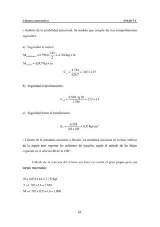 Cálculos constructivos                                                       ANEJO VI


- Análisis de la estabilidad estructural. Se tendrán que cumplir las tres comprobaciones
siguientes:


a) Seguridad al vuelco:
                            1,45
M estabilizante = 6.598 ×        = 4.784 Kp × m
                              2
M vuelco = 624,7 Kp × m

                                               4.784
                                      C sv =         = 7,65 > 1,75
                                               624,7


b) Seguridad al deslizamiento:


                                             6.598 ⋅ tg 30
                                    C sd =                 = 2,13 > 1,5
                                                1.785


c) Seguridad frente al hundimiento:


                                             6.598
                                    σc =            = 0,31 Kp/cm 2
                                           145 ×145


- Cálculo de la armadura necesaria a flexión. La armadura necesaria en la base inferior
de la zapata para soportar los esfuerzos de tracción, según el método de las bielas
expuesto en el artículo 40 de la EHE:


        Cálculo de la reacción del terreno sin tener en cuenta el peso propio pero con
cargas mayoradas:


N = 4.832 × 1,6 = 7.731 Kp
T = 1.785 × 1,6 = 2.856
M = 1.785 × 0,35 × 1,6 = 1.000




                                                     64
 