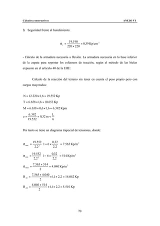 Cálculos constructivos                                                       ANEJO VI


f) Seguridad frente al hundimiento:


                                        19.190
                                σc =             = 0,39 Kp/cm 2
                                       220 × 220


- Cálculo de la armadura necesaria a flexión. La armadura necesaria en la base inferior
de la zapata para soportar los esfuerzos de tracción, según el método de las bielas
expuesto en el artículo 40 de la EHE:


          Cálculo de la reacción del terreno sin tener en cuenta el peso propio pero con
cargas mayoradas:


N = 12.220 × 1,6 = 19.552 Kp
T = 6.658 × 1,6 = 10.653 Kp
M = 6.658 × 0,6 × 1,6 = 6.392 Kpm
      6. 392            L
e=           = 0,32 m <
     19.552             6


Por tanto se tiene un diagrama trapecial de tensiones, donde:


          19.552        0,32 
σ max =          1 + 6 × 2,2  = 7.565 Kp/m
                                             2

           2, 2 
               2
                              

          19.552         0,32 
σ min =          1 − 6 × 2, 2  = 514 Kp/m
                                            2

           2,2 
              2
                               
          7.565 + 514
σ med =               = 4.040 Kp/m 2
               2
          7.565 + 4.040
R d1 =                  × 1,1 × 2,2 = 14.042 Kp
                2
          4.040 + 514
R d2 =                × 1,1 × 2,2 = 5.510 Kp
               2




                                                70
 