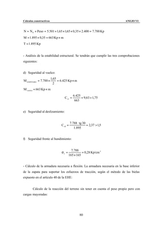 Cálculos constructivos                                                       ANEJO VI


N = N 0 + Peso = 5.501 + 1,65 × 1,65 × 0,35 × 2.400 = 7.788 Kp
M = 1.895 × 0,35 = 663 Kp × m
T = 1.895 Kp


- Análisis de la estabilidad estructural. Se tendrán que cumplir las tres comprobaciones
siguientes:


d) Seguridad al vuelco:
                            1,65
M estabilizante = 7.788 ×        = 6.425 Kp × m
                              2
M vuelco = 663 Kp × m
                                               6.425
                                      C sv =         = 9,63 > 1,75
                                                663


e) Seguridad al deslizamiento:


                                            7.788 ⋅ tg 30
                                   C sd =                 = 2,37 > 1,5
                                               1.895


f) Seguridad frente al hundimiento:


                                             7.788
                                    σc =             = 0,28 Kp/cm 2
                                           165 × 165


- Cálculo de la armadura necesaria a flexión. La armadura necesaria en la base inferior
de la zapata para soportar los esfuerzos de tracción, según el método de las bielas
expuesto en el artículo 40 de la EHE:


        Cálculo de la reacción del terreno sin tener en cuenta el peso propio pero con
cargas mayoradas:




                                                    80
 