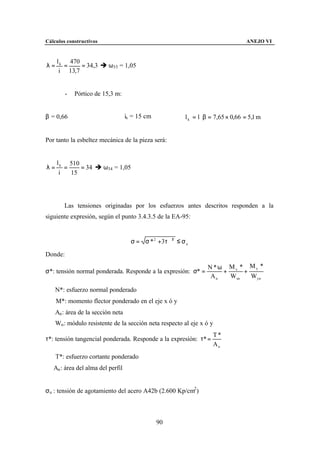 Cálculos constructivos                                                              ANEJO VI


     l k 470
λ=      =    = 34,3 è ω35 = 1,05
      i 13,7


         -   Pórtico de 15,3 m:


β = 0,66                            ix = 15 cm            l k = l ⋅ β = 7,65 × 0,66 = 5,1 m


Por tanto la esbeltez mecánica de la pieza será:


     l k 510
λ=      =    = 34 è ω34 = 1,05
      i   15




        Las tensiones originadas por los esfuerzos antes descritos responden a la
siguiente expresión, según el punto 3.4.3.5 de la EA-95:


                                      σ = σ * 2 +3τ ∗2 ≤ σ u

Donde:

                                                                   N *ω Mx * My *
σ*: tensión normal ponderada. Responde a la expresión: σ* =            +     +
                                                                    An   Wxn   Wyn

     N*: esfuerzo normal ponderado
     M*: momento flector ponderado en el eje x ó y
     An : área de la sección neta
     Wn : módulo resistente de la sección neta respecto al eje x ó y
                                                                      T*
τ*: tensión tangencial ponderada. Responde a la expresión: τ* =
                                                                      Aa
     T*: esfuerzo cortante ponderado
   Aa : área del alma del perfil


σu : tensión de agotamiento del acero A42b (2.600 Kp/cm2 )



                                                 90
 