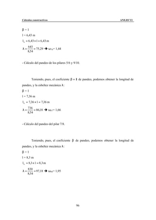 Cálculos constructivos                                                     ANEJO VI


β =1
l = 6,43 m
l k = 6,43 × 1 = 6,43 m
     643
λ=        = 75,29 è ω76 = 1,44
     8,54


- Cálculo del pandeo de los pilares 5/6 y 9/10.




        Teniendo, pues, el coeficiente β = 1 de pandeo, podemos obtener la longitud de
pandeo, y la esbeltez mecánica λ:
β =1
l = 7,36 m
l k = 7,36 × 1 = 7,36 m
     736
λ=        = 86,18 è ω87 = 1,66
     8,54


- Cálculo del pandeo del pilar 7/8.




        Teniendo, pues, el coeficiente β de pandeo, podemos obtener la longitud de
pandeo, y la esbeltez mecánica λ:
β =1
l = 8,3 m
l k = 8,3 × 1 = 8,3 m
     830
λ=        = 97,18 è ω98 = 1,95
     8,54




                                            96
 