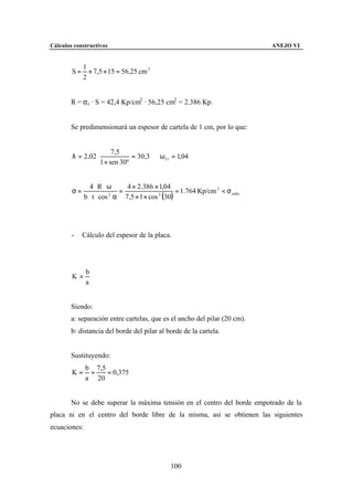 Cálculos constructivos                                                     ANEJO VI


             1
        S=     × 7,5 × 15 = 56,25 cm 2
             2


        R = σc · S = 42,4 Kp/cm2 · 56,25 cm2 = 2.386 Kp.


        Se predimensionará un espesor de cartela de 1 cm, por lo que:


                          7,5
        λ = 2,02 ⋅               = 30,3 ⇒ ω31 = 1,04
                     1 × sen 30º


                 4⋅ R ⋅ω     4 × 2.386 × 1,04
        σ=                 =                     = 1.764 Kp/cm 2 < σ adm
              b ⋅ t ⋅ cos α 7,5 × 1 × cos 2 (30)
                         2




        -    Cálculo del espesor de la placa.




              b
        K=
              a


        Siendo:
        a: separación entre cartelas, que es el ancho del pilar (20 cm).
        b: distancia del borde del pilar al borde de la cartela.


        Sustituyendo:
              b 7,5
        K=     =    = 0,375
              a 20


        No se debe superar la máxima tensión en el centro del borde empotrado de la
placa ni en el centro del borde libre de la misma, así se obtienen las siguientes
ecuaciones:




                                              100
 