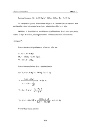 Cálculos constructivos                                                       ANEJO VI



        Peso del cimiento (G) = 2.400 Kp/m3 · 1,25m · 1,25m · 2m = 7.500 Kp


        Se comprobará que las dimensiones del pozo de cimentación son correctas para
satisfacer los requerimientos de las acciones más desfavorables en el pilar.

        Debido a la diversidad de las diferentes combinaciones de acciones que puede
sufrir a lo largo de su vida, se comprobarán las combinaciones más desfavorables.


Hipótesis 1ª:


        Las acciones que se producen en la base del pilar son:


        N0 = 57/1,4 = 41 Kp.
        M0 = 4.632/1,5 = 3.088 Kp·m.
        V0 = 94/1,5 = 62 Kp.


        Las acciones en la base de la cimentación son:


        N = N0 + G = 41 Kp + 7.500 Kp = 7.541 Kp


                3.088 + 62 × 2
        M=                            3
                                          = 710 Kp ⋅ m
                           2 
             1,25 + 0,8 ×        
                           1, 25 
                                M + V0 ⋅ h 
        V = V0 − 2 ⋅ η ⋅ h 2 ⋅  30      3 
                                a + η⋅ h 


                                    3.088 + 62 × 2 
        V = 62 − 2 × 0,8 × (2 )2 ×                      3
                                                            = −2.399 Kp
                                    (1,25 ) + 0,8 × (2 ) 
                                            3




        Comprobaciones a realizar:




                                                  108
 