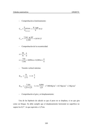 Cálculos constructivos                                                            ANEJO VI




        -    Comprobación al deslizamiento:


                  Festabilizante N ⋅ tg φ
        C sd =                  =         ≥ 1,5
                   Fdeslizante      V


                 7.541 ⋅ tg 30º
        C sd =                  = 1,81 ≥ 1,5
                    2.399


        -    Comprobación de la excentricidad:


             M a
        e=    <
             N 6
              710                        a
        e=         = 0,094 m < 0,208 m =
             7.541                       6


        -    Tensión vertical máxima:


                    N 
                       ⋅ 1 + 6 ⋅ 
                                 e
        σ max =                    
                   a ⋅b         a


                     7.541             0,094 
        σ max =              ⋅ 1 + 6 ×        = 7.004 Kp/m 2 = 0,7 Kp/cm 2 < 2 Kp/cm 2
                  1,25 × 1,25           1,25 


        -    Comprobación al giro y al desplazamiento:


        Una de las hipótesis de cálculo es que el pozo no se desplaza, si no que gira
como un bloque. Se debe cumplir que el desplazamiento horizontal en superficie no
supere los 0,5’’, lo que equivale a 1,27cm.




                                                  109
 