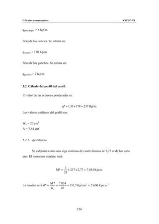 Cálculos constructivos                                                      ANEJO VI


qpeso propio = 6 Kp/m


Peso de las canales. Se estima en:


qcanales = 170 Kp/m


Peso de los ganchos. Se estima en:


qganchos = 2 Kp/m


5.2. Cálculo del perfil del carril.

El valor de las acciones ponderadas es:


                                 q* = 1,33 × 178 = 237 Kp/m
Los valores estáticos del perfil son:


Wx = 20 cm3
A = 7,64 cm2


5.2.1. Resistencia


        Se calculará como una viga continua de cuatro tramos de 2,77 m de luz cada
uno. El momento máximo será:


                                     3
                             M* =      × 237 × 2,77 = 7.034 Kpcm
                                    28


                         M * 7.034
La tensión será: σ* =       =      = 351,7 Kp/cm 2 < 2.600 Kp/cm 2
                         Wx    20




                                             124
 