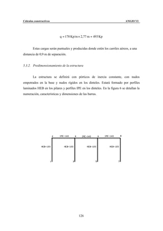Cálculos constructivos                                                         ANEJO VI




                            q = 178 Kp/m × 2,77 m = 493 Kp


        Estas cargas serán puntuales y producidas donde estén los carriles aéreos, a una
distancia de 0,9 m de separación.


5.3.2. Predimensionamiento de la estructura


        La estructura se definirá con pórticos de inercia constante, con nudos
empotrados en la base y nudos rígidos en los dinteles. Estará formado por perfiles
laminados HEB en los pilares y perfiles IPE en los dinteles. En la figura 6 se detallan la
numeración, características y dimensiones de las barras.




                                           126
 