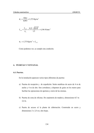 Cálculos constructivos                                                       ANEJO VI


                106,1
        σt =          = 1.273 Kp/m 2
                0,083


                    f ct , k       0,21 ⋅ 3 (25) 2
        f ct ,d =              =                   = 1,196 N/mm 2
                     γc                 1,5




        σ t = 1.273 Kp/m 2 < f ct, d


        Como podemos ver, se cumple esta condición.




6. PUERTAS Y VENTANAS.


6.1. Puertas.

        En la instalación aparecen varios tipos diferentes de puertas:


        a) Puertas de recepción y de expedición. Serán metálicas de acero de 4 m de
             ancho y 4 m de alto. Son correderas y disponen de guías en los muros para
             facilitar las operaciones de apertura y cierre de las mismas.


        b) Puertas de zona de oficinas. De carpintería de madera y dimensiones 0,7 m ⋅
             2,2 m.


        c) Puerta de acceso al la planta de elaboración. Construída en acero y
             dimensiones 2 x 2,5 m y dos hojas.




                                                         134
 