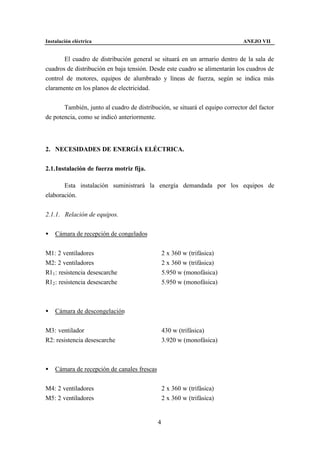 Instalación eléctrica                                                        ANEJO VII


       El cuadro de distribución general se situará en un armario dentro de la sala de
cuadros de distribución en baja tensión. Desde este cuadro se alimentarán los cuadros de
control de motores, equipos de alumbrado y líneas de fuerza, según se indica más
claramente en los planos de electricidad.


       También, junto al cuadro de distribución, se situará el equipo corrector del factor
de potencia, como se indicó anteriormente.




2. NECESIDADES DE ENERGÍA ELÉCTRICA.


2.1. Instalación de fuerza motriz fija.

       Esta instalación suministrará la energía demandada por los equipos de
elaboración.


2.1.1. Relación de equipos.


•   Cámara de recepción de congelados


M1: 2 ventiladores                               2 x 360 w (trifásica)
M2: 2 ventiladores                               2 x 360 w (trifásica)
R11 : resistencia desescarche                    5.950 w (monofásica)
R12 : resistencia desescarche                    5.950 w (monofásica)



•   Cámara de descongelación


M3: ventilador                                   430 w (trifásica)
R2: resistencia desescarche                      3.920 w (monofásica)



•   Cámara de recepción de canales frescas


M4: 2 ventiladores                               2 x 360 w (trifásica)
M5: 2 ventiladores                               2 x 360 w (trifásica)


                                             4
 