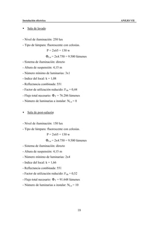 Instalación eléctrica                                    ANEJO VII


•   Sala de lavado


- Nivel de iluminación: 250 lux
- Tipo de lámpara: fluorescente con celosías.
                        P = 2x65 = 130 w
                        Φ Lu = 2x4.750 = 9.500 lúmenes
- Sistema de iluminación: directo
- Altura de suspensión: 4,15 m
- Número mínimo de luminarias: 3x1
- Indice del local: k = 1,08
- Reflectancia combinada: 551
- Factor de utilización reducido: F du = 0,44
- Flujo total necesario: Φ T = 76.286 lúmenes
- Número de luminarias a instalar: NLu = 8


•   Sala de post-salazón


- Nivel de iluminación: 150 lux
- Tipo de lámpara: fluorescente con celosías.
                        P = 2x65 = 130 w
                        Φ Lu = 2x4.750 = 9.500 lúmenes
- Sistema de iluminación: directo
- Altura de suspensión: 4,15 m
- Número mínimo de luminarias: 2x4
- Indice del local: k = 1,66
- Reflectancia combinada: 551
- Factor de utilización reducido: F du = 0,52
- Flujo total necesario: Φ T = 91.648 lúmenes
- Número de luminarias a instalar: NLu = 10




                                                18
 