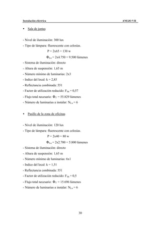 Instalación eléctrica                                    ANEJO VII


•   Sala de juntas


- Nivel de iluminación: 300 lux
- Tipo de lámpara: fluorescente con celosías.
                        P = 2x65 = 130 w
                        Φ Lu = 2x4.750 = 9.500 lúmenes
- Sistema de iluminación: directo
- Altura de suspensión: 1,65 m
- Número mínimo de luminarias: 2x3
- Indice del local: k = 2,85
- Reflectancia combinada: 551
- Factor de utilización reducido: F du = 0,57
- Flujo total necesario: Φ T = 55.829 lúmenes
- Número de luminarias a instalar: NLu = 6


•   Pasillo de la zona de oficinas


- Nivel de iluminación: 120 lux
- Tipo de lámpara: fluorescente con celosías.
                        P = 2x40 = 80 w
                        Φ Lu = 2x2.700 = 5.800 lúmenes
- Sistema de iluminación: directo
- Altura de suspensión: 1,65 m
- Número mínimo de luminarias: 6x1
- Indice del local: k = 1,51
- Reflectancia combinada: 551
- Factor de utilización reducido: F du = 0,5
- Flujo total necesario: Φ T = 15.696 lúmenes
- Número de luminarias a instalar: NLu = 6




                                                30
 