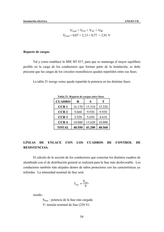 Instalación eléctrica                                                            ANEJO VII


                                        Vtotal = VOA + VAC + VBC
                                 Vtotal = 0,07 + 2,13 + 0,77 = 2,91 V




Reparto de cargas.


       Tal y como establece la MIE BT 017, para que se mantenga el mayor equilibrio
posible en la carga de los conductores que forman parte de la instalación, se debe
procurar que las cargas de los circuitos monofásicos queden repartidos entre sus fases.


        La tabla 21 recoge como queda repartida la potencia en las distintas fases:



                             Tabla 21. Reparto de cargas entre fases
                           CUADRO            R               S     T
                             CCR 1        16.170        15.310   15.220
                             CCR 2         9.660         9.930   9.930
                             CCR 3         3.920         5.650   4.610
                             CCR 4        10.800        13.620   10.800
                             TOTAL        40.550        41.200   40.560



LÍNEAS DE ENLACE                   CON       LOS         CUADROS         DE   CONTROL   DE
RESISTENCIAS.


        El cálculo de la sección de los conductores que conectan los distintos cuadros de
alumbrado con el de distribución general se realizará para la fase más desfavorable. Los
conductores también irán alojados dentro de tubos protectores con las características ya
referidas. La intensidad nominal de fase será:

                                                      Smax
                                           I fase =
                                                       V

        siendo:
                  Smax : potencia de la fase más cargada
                  V: tensión nominal de fase (220 V)


                                                 54
 