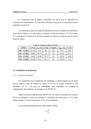 Instalación eléctrica                                                           ANEJO VII




       Se comprobará que la anterior intensidad sea menor que la admisible por
cuestiones de calentamiento. El valor del coeficiente corrector de la intensidad máxima
admisible será de 0,75.


        Las líneas que parten del cuadro de distribución hacia los cuadros de resistencias
serán líneas trifásicas. En estas líneas se limitará la caída de tensión a 2 V. En la tabla
22 se muestran los valores de la sección a adoptar, así como las caídas de tensión, en las
líneas de enlace.


                               Tabla 22. Líneas de enlace CD-CCR
            LÍNEA       S (VA)      In (A)   L (m)     S (mm2 )    Iadm (A)   V (V)
         CD – CCR1      16.170      73,5      44         50         97,5      1,97
         CD – CCR2      9.930       45,13     14         25         65,25     0,77
         CD – CCR3      5.650       25,68    53,3        25         65,25     1,66
         CD – CCR4      13.620      61,9     87,6        95        153,75     1,73




3.3. Instalación de alumbrado.

3.3.1. Criterios de cálculo.


       Los conductores de la instalación del alumbrado se dimensionarán de tal modo
que la máxima caída de tensión no supere el 3% de la tensión nominal, lo cual
representa 6,6 V, y de que las intensidades sean admisibles con respecto al
calentamiento del conductor, de acuerdo con la MI BT 017.


       Según la norma complementaria MI BT 032, las redes de alimentación a puntos
de luz con lámparas o tubos de descarga, se calcularán para una carga, en VA, como
mínimo igual a 1,8 veces la potencia, en W, de los receptores.


        Así, la intensidad absorbida por cada receptor valdrá:

                                                   S
                                              I=
                                                   V



                                              55
 