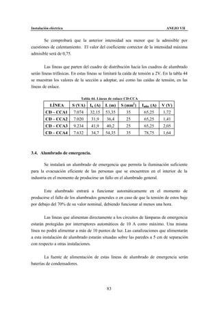 Instalación eléctrica                                                           ANEJO VII


       Se comprobará que la anterior intensidad sea menor que la admisible por
cuestiones de calentamiento. El valor del coeficiente corrector de la intensidad máxima
admisible será de 0,75.


        Las líneas que parten del cuadro de distribución hacia los cuadros de alumbrado
serán líneas trifásicas. En estas líneas se limitará la caída de tensión a 2V. En la tabla 44
se muestran los valores de la sección a adoptar, así como las caídas de tensión, en las
líneas de enlace.

                             Tabla 44. Líneas de enlace CD-CCA
            LÍNEA       S (VA)    In (A)    L (m)    S (mm2 )    Iadm (A)    V (V)
         CD – CCA1       7.074     32,15    53,35       35         65,25      1,72
         CD – CCA2       7.020     31,9     36,4        25         65,25      1,41
         CD – CCA3       9.234     41,9     40,2        25         65,25      2,05
         CD – CCA4       7.632     34,7     54,35       35         78,75      1,64



3.4. Alumbrado de emergencia.

        Se instalará un alumbrado de emergencia que permita la iluminación suficiente
para la evacuación eficiente de las personas que se encuentren en el interior de la
industria en el momento de producirse un fallo en el alumbrado general.


       Este alumbrado entrará a funcionar automáticamente en el momento de
producirse el fallo de los alumbrados generales o en caso de que la tensión de estos baje
por debajo del 70% de su valor nominal, debiendo funcionar al menos una hora.


        Las líneas que alimentan directamente a los circuitos de lámparas de emergencia
estarán protegidas por interruptores automáticos de 10 A como máximo. Una misma
línea no podrá alimentar a más de 10 puntos de luz. Las canalizaciones que alimentarán
a esta instalación de alumbrado estarán situadas sobre las paredes a 5 cm de separación
con respecto a otras instalaciones.


        La fuente de alimentación de estas líneas de alumbrado de emergencia serán
baterías de condensadores.




                                             83
 