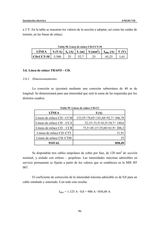 Instalación eléctrica                                                                 ANEJO VII


a 2 V. En la tabla se muestran los valores de la sección a adoptar, así como las caídas de
tensión, en las líneas de enlace.


                            Tabla 58. Línea de enlace CD-CCT-M
            LÍNEA        S (VA)     In (A)   L (m)     S (mm2 )        Iadm (A)     V (V)
         CD-CCT-M         5.500       25      52,7        25            65,25       1,61



3.6. Línea de enlace TRAFO – CD.

3.6.1. Dimensionamiento.


        La conexión se ejecutará mediante una conexión subterránea de 40 m de
longitud. Se dimensionará para una intensidad que será la suma de las requeridas por los
distintos cuadros.


                                Tabla 59. Líneas de enlace CD-CC
                        LÍNEA                                  I (A)
           Líneas de enlace CD - CCM         133,55+78,85+141,68+92,7= 446,78
           Líneas de enlace CD – CCA                 32,15+31,9+41,9+34,7= 140,6
           Líneas de enlace CD – CCR               73,5+45,13+25,68+61,9= 206,2
            Líneas de enlace CD–CTT                                                31,91
            Líneas de enlace CD–CTM                                                  25
                        TOTAL                                                     850,49


        Se dispondrán tres cables unipolares de cobre por fase, de 120 mm2 de sección
nominal, y aislado con etileno – propileno. Las intensidades máximas admisibles en
servicio permanente se fijarán a partir de los valores que se establecen en la MIE BT
007.


       El coeficiente de corrección de la intensidad máxima admisible es de 0,8 para un
cable entubado y enterrado. Con todo esto resulta:


                             Iadm = 1.125 A · 0,8 = 900 A >850,49 A




                                              96
 