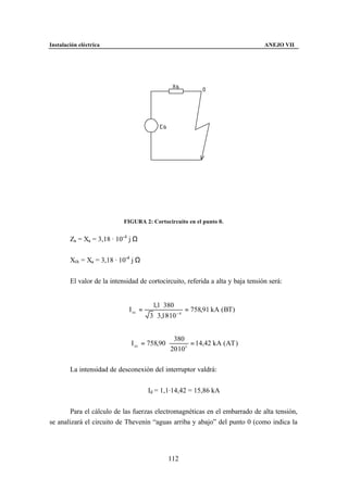 Instalación eléctrica                                                            ANEJO VII




                            FIGURA 2: Cortocircuito en el punto 0.


        Za = Xa = 3,18 · 10-4 j Ω


        Xth = Xa = 3,18 · 10-4 j Ω


        El valor de la intensidad de cortocircuito, referida a alta y baja tensión será:


                                        1,1 ⋅ 380
                              I cc =                   = 758,91 kA ( BT)
                                       3 ⋅ 3,18·10 − 4


                                                  380
                               I cc = 758,90 ⋅          = 14,42 kA ( AT )
                                                 20 103
                                                   ·

        La intensidad de desconexión del interruptor valdrá:


                                       Id = 1,1·14,42 = 15,86 kA


        Para el cálculo de las fuerzas electromagnéticas en el embarrado de alta tensión,
se analizará el circuito de Thevenin “aguas arriba y abajo” del punto 0 (como indica la




                                              112
 