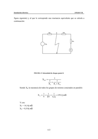 Instalación eléctrica                                                      ANEJO VII


figura siguiente) y al que le corresponde una reactancia equivalente que se calcula a
continuación:




                         FIGURA 3: Intensidad de choque punto 0.


                                                    1
                                     X th 0 =
                                                1     1
                                                  +
                                                Xa Xt + Xm
        Siendo Xm la reactancia de todos los grupos de motores conectados en paralelo:


                                      1   1   1
                              Xm =      =   =    = 159 ,2 j mΩ
                                      Y ΣY 6,2 j


        Y con:
        XT = 14,14j mΩ
        XA = 0,318j mΩ




                                            113
 