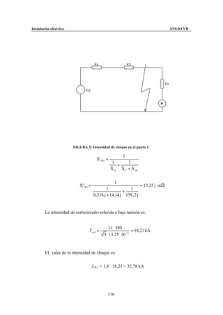 Instalación eléctrica                                                               ANEJO VII




                        FIGURA 5: Intensidad de choque en el punto 1.

                                                        1
                                        X' th1 =
                                                   1     1
                                                     +
                                                   Xa Xt + Xm


                                                    1
                           X' th1 =                                 = 13,25 j m Ω
                                              1           1
                                                       +
                                      0,318 j + 14,14 j 159 , 2 j


        La intensidad de cortocircuito referida a baja tensión es:


                                                1,1 ⋅ 380
                                 I ' cc1 =                      = 18,21 kA
                                             3 ⋅ 13,25 ⋅ 10 − 3



        EL valor de la intensidad de choque es:


                                      Ich1 = 1,8 · 18,21 = 32,78 kA




                                               116
 