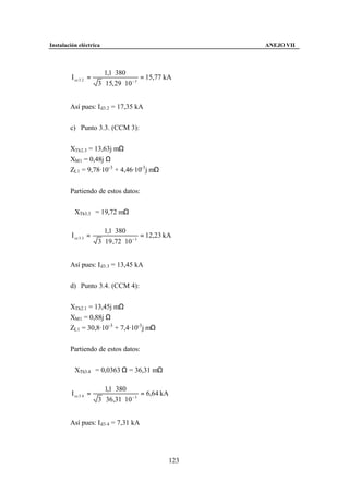 Instalación eléctrica                                       ANEJO VII



                          1,1 ⋅ 380
         I cc 3 .2 =                       = 15,77 kA
                       3 ⋅ 15, 29 ⋅ 10 − 3


        Así pues: I d3.2 = 17,35 kA


        c) Punto 3.3. (CCM 3):


        XTh2.3 = 13,63j mΩ
        XM1 = 0,48j Ω
        ZL1 = 9,78·10-3 + 4,46·10-3j mΩ


        Partiendo de estos datos:


        XTh3.3 = 19,72 mΩ

                          1,1 ⋅ 380
         I cc 3 .3 =                       = 12,23 kA
                       3 ⋅ 19 ,72 ⋅ 10 − 3


        Así pues: I d3.3 = 13,45 kA


        d) Punto 3.4. (CCM 4):


        XTh2.1 = 13,45j mΩ
        XM1 = 0,88j Ω
        ZL1 = 30,8·10-3 + 7,4·10-3j mΩ


        Partiendo de estos datos:


        XTh3.4 = 0,0363 Ω = 36,31 mΩ

                          1,1 ⋅ 380
         I cc 3 .4 =                      = 6,64 kA
                       3 ⋅ 36,31 ⋅ 10 − 3


        Así pues: I d3.4 = 7,31 kA




                                                      123
 