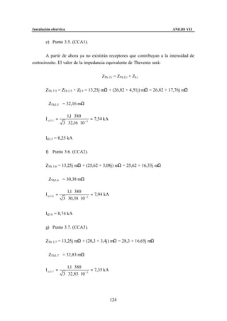 Instalación eléctrica                                                      ANEJO VII


        e) Punto 3.5. (CCA1).


        A partir de ahora ya no existirán receptores que contribuyan a la intensidad de
cortocircuito. El valor de la impedancia equivalente de Thevenin será:


                                             ZTh 3.i = ZTh 2.i + ZLi


        ZTh 3.5 = ZTh 2.5 + ZL5 = 13,25j mΩ + (26,82 + 4,51j) mΩ = 26,82 + 17,76j mΩ


        ZTh3.5 = 32,16 mΩ

                         1,1 ⋅ 380
        I cc 3 .5 =                     = 7,54 kA
                      3 ⋅ 32,16 ⋅ 10 −3


        Id3.5 = 8,25 kA


        f) Punto 3.6. (CCA2).


        ZTh 3.6 = 13,25j mΩ + (25,62 + 3,08j) mΩ = 25,62 + 16,33j mΩ


        ZTh3.6 = 30,38 mΩ

                         1,1 ⋅ 380
        I cc 3 .6 =                     = 7,94 kA
                      3 ⋅ 30,38 ⋅ 10 −3


        Id3.6 = 8,74 kA


        g) Punto 3.7. (CCA3).


        ZTh 3.7 = 13,25j mΩ + (28,3 + 3,4j) mΩ = 28,3 + 16,65j mΩ


        ZTh3.7 = 32,83 mΩ

                         1,1 ⋅ 380
        I cc 3 .7 =                     = 7,35 kA
                      3 ⋅ 32,83 ⋅ 10 −3




                                                    124
 