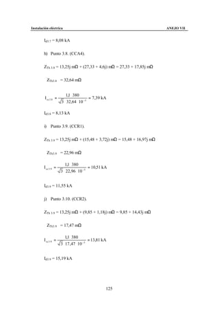 Instalación eléctrica                                                  ANEJO VII


        Id3.7 = 8,08 kA


        h) Punto 3.8. (CCA4).


        ZTh 3.8 = 13,25j mΩ + (27,33 + 4,6j) mΩ = 27,33 + 17,85j mΩ


        ZTh3.8 = 32,64 mΩ


                          1,1 ⋅ 380
         I cc 3 .8 =                     = 7,39 kA
                       3 ⋅ 32,64 ⋅ 10 −3

        Id3.8 = 8,13 kA


        i) Punto 3.9. (CCR1).


        ZTh 3.9 = 13,25j mΩ + (15,48 + 3,72j) mΩ = 15,48 + 16,97j mΩ


        ZTh3.9 = 22,96 mΩ

                          1,1 ⋅ 380
        I cc 3 .9 =                      = 10,51 kA
                       3 ⋅ 22,96 ⋅ 10 −3


        Id3.9 = 11,55 kA


        j) Punto 3.10. (CCR2).


        ZTh 3.9 = 13,25j mΩ + (9,85 + 1,18j) mΩ = 9,85 + 14,43j mΩ


        ZTh3.9 = 17,47 mΩ

                          1,1 ⋅ 380
        I cc 3 .9 =                       = 13,81 kA
                       3 ⋅ 17 ,47 ⋅ 10 −3


        Id3.9 = 15,19 kA




                                                   125
 