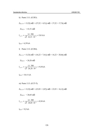 Instalación eléctrica                                                  ANEJO VII


        k) Punto 3.11. (CCR3).


        ZTh 3.9 = 13,25j mΩ + (37,52 + 4,51j) mΩ = 37,52 + 17,76j mΩ


        ZTh3.9 = 41,51 mΩ

                         1,1 ⋅ 380
        I cc 3 .9 =                      = 5,81 kA
                      3 ⋅ 41,51 ⋅ 10 − 3


        Id3.9 = 6,39 kA


        l) Punto 3.12. (CCR4).


        ZTh 3.9 = 13,25j mΩ + (16,22 + 7,41j) mΩ = 16,22 + 20,66j mΩ


        ZTh3.9 = 26,26 mΩ

                         1,1 ⋅ 380
        I cc 3 .9 =                       = 9,18 kA
                      3 ⋅ 26, 26 ⋅ 10 − 3


        Id3.9 = 10,11 kA



        m) Punto 3.13. (CCT-T).


        ZTh 3.9 = 13,25j mΩ + (23,93 + 2,87j) mΩ = 23,93 + 16,12j mΩ


        ZTh3.9 = 28,85 mΩ

                         1,1 ⋅ 380
        I cc 3 .9 =                     = 8,36 kA
                      3 ⋅ 28,85 ⋅ 10 −3


        Id3.9 = 9,2 kA




                                                      126
 