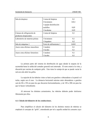 Instalación de fontanería                                                      ANEJO VIII



Sala de despiece                      1 toma de limpieza                       0,1
                                      2 lavamanos                             2x0,1
                                      1 equipo desinfección
                                      cuchillos                                0,05
                                      1 lavabotas                              0,05
Cámara de refrigeración de            1 toma de limpieza                       0,1
productos despiezados
Laboratorio de materias primas        1 lavamanos                              0,1
                                      1 fregadero                              0,2
Sala de máquinas 1                    Torre de enfriamiento 1                 0,043
Aseos zona oficinas masculinos        1 inodoro                                0,1
                                      1 lavabo                                 0,1
Aseos zona oficinas femeninos         1 inodoro                                0,1
                                      1 lavabo                                 0,1



        La primera parte del sistema de distribución de agua (desde la arqueta de la
acometida hasta la salida del contador general) será enterrado. El resto estará a la vista, y
discurrirá por encima de cualquier grifo. Esto tiene la ventaja de que se puede vaciar la
red con sólo abrir los grifos.


       La sujeción de las tuberías vistas se hará con ganchos o abrazaderas a la pared o el
techo, según sea el caso. La distancia horizontal máxima entre abrazaderas o ganchos
será de 80 a 150 cm para las que discurren horizontalmente, y de 150 a 200 cm para las
que lo hacen verticalmente.


       Al atravesar los distintos cerramientos, las tuberías deberán poder deslizarse
libremente por ellos.


4.1. Cálculo del diámetro de las conducciones.


      Para simplificar el cálculo del diámetro de los distintos tramos de tuberías se
empleará el concepto de “grifo”, entendiendo por tal a aquella unidad de consumo cuyo



                                             6
 