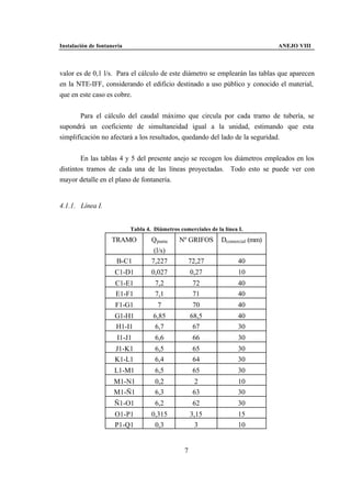Instalación de fontanería                                                         ANEJO VIII



valor es de 0,1 l/s. Para el cálculo de este diámetro se emplearán las tablas que aparecen
en la NTE-IFF, considerando el edificio destinado a uso público y conocido el material,
que en este caso es cobre.


       Para el cálculo del caudal máximo que circula por cada tramo de tubería, se
supondrá un coeficiente de simultaneidad igual a la unidad, estimando que esta
simplificación no afectará a los resultados, quedando del lado de la seguridad.


        En las tablas 4 y 5 del presente anejo se recogen los diámetros empleados en los
distintos tramos de cada una de las líneas proyectadas. Todo esto se puede ver con
mayor detalle en el plano de fontanería.


4.1.1. Línea I.


                            Tabla 4. Diámetros comerciales de la línea I.
                    TRAMO           Qpunta     Nº GRIFOS        Dcomercial (mm)
                                     (l/s)
                      B-C1          7,227          72,27               40
                      C1-D1         0,027            0,27              10
                      C1-E1          7,2             72                40
                      E1-F1          7,1             71                40
                      F1-G1           7              70                40
                      G1-H1          6,85            68,5              40
                      H1-I1           6,7             67               30
                      I1-J1          6,6             66                30
                      J1-K1          6,5             65                30
                      K1-L1          6,4             64                30
                     L1-M1           6,5             65                30
                     M1-N1           0,2              2                10
                     M1-Ñ1           6,3             63                30
                     Ñ1-O1           6,2             62                30
                      O1-P1         0,315            3,15              15
                      P1-Q1          0,3               3               10


                                                 7
 