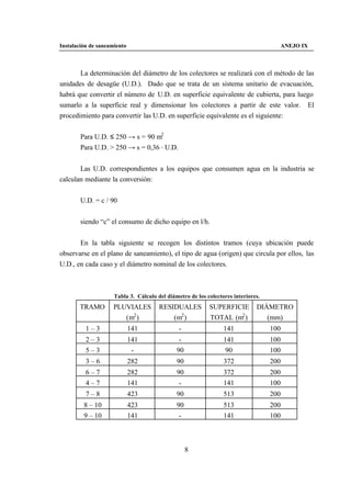 Instalación de saneamiento                                                           ANEJO IX



       La determinación del diámetro de los colectores se realizará con el método de las
unidades de desagüe (U.D.). Dado que se trata de un sistema unitario de evacuación,
habrá que convertir el número de U.D. en superficie equivalente de cubierta, para luego
sumarlo a la superficie real y dimensionar los colectores a partir de este valor. El
procedimiento para convertir las U.D. en superficie equivalente es el siguiente:


        Para U.D. ≤ 250 → s = 90 m2
        Para U.D. > 250 → s = 0,36 · U.D.


       Las U.D. correspondientes a los equipos que consumen agua en la industria se
calculan mediante la conversión:


        U.D. = c / 90


        siendo “c” el consumo de dicho equipo en l/h.


       En la tabla siguiente se recogen los distintos tramos (cuya ubicación puede
observarse en el plano de saneamiento), el tipo de agua (origen) que circula por ellos, las
U.D., en cada caso y el diámetro nominal de los colectores.



                     Tabla 3. Cálculo del diámetro de los colectores interiores.
       TRAMO         PLUVIALES         RESIDUALES          SUPERFICIE         DIÁMETRO
                        (m2 )              (m2 )           TOTAL (m2 )           (mm)
          1–3                141               -                 141               100
          2–3                141               -                 141               100
          5–3                 -               90                  90               100
          3–6                282              90                 372               200
          6–7                282              90                 372               200
          4–7                141               -                 141               100
          7–8                423              90                 513               200
         8 – 10              423              90                 513               200
         9 – 10              141               -                 141               100



                                                   8
 